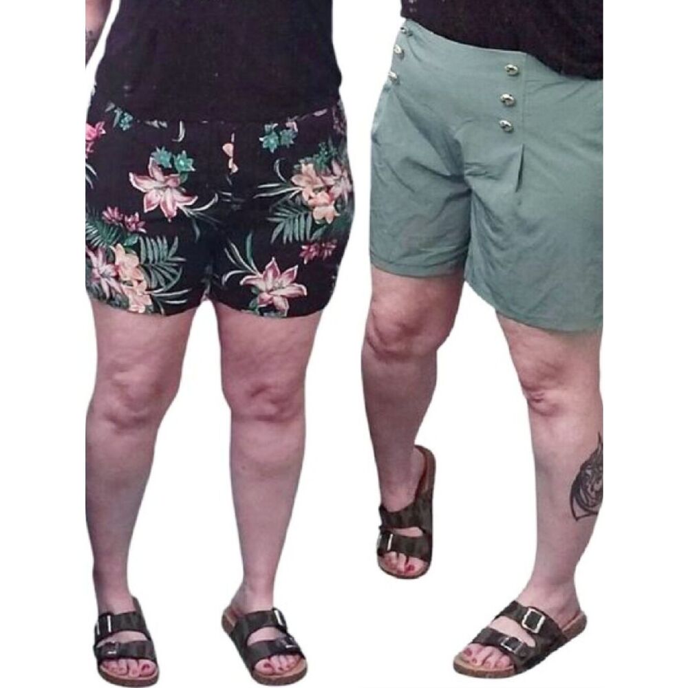 Pull On Shorts Bundle Large Green‎ Sailor & Black Tropical High Rise NEW
